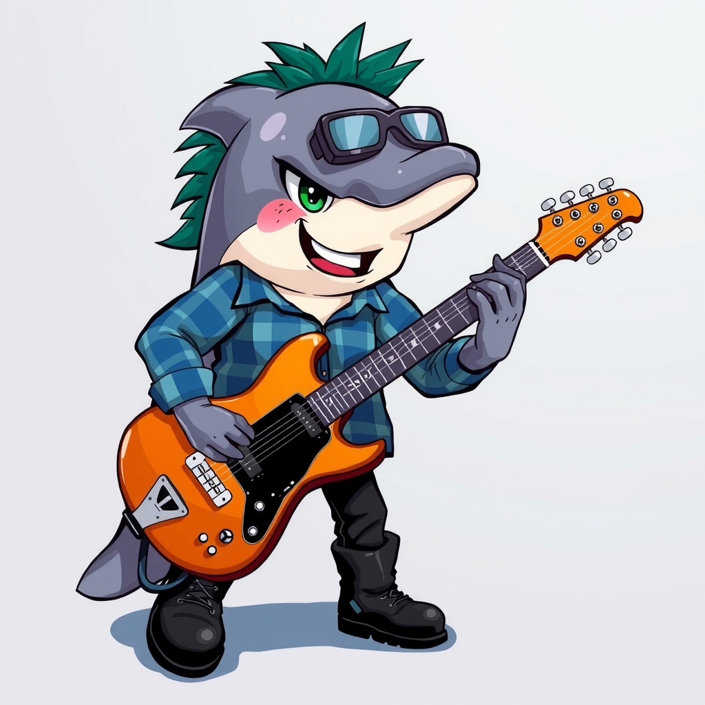 a green eyed punk haired dolphin in a blue checkered shirt black pants and black leather boots plays guitar with by Générateur d'images par IA gratuit - Aucune connexion nécessaire✨ | AIGAZOU