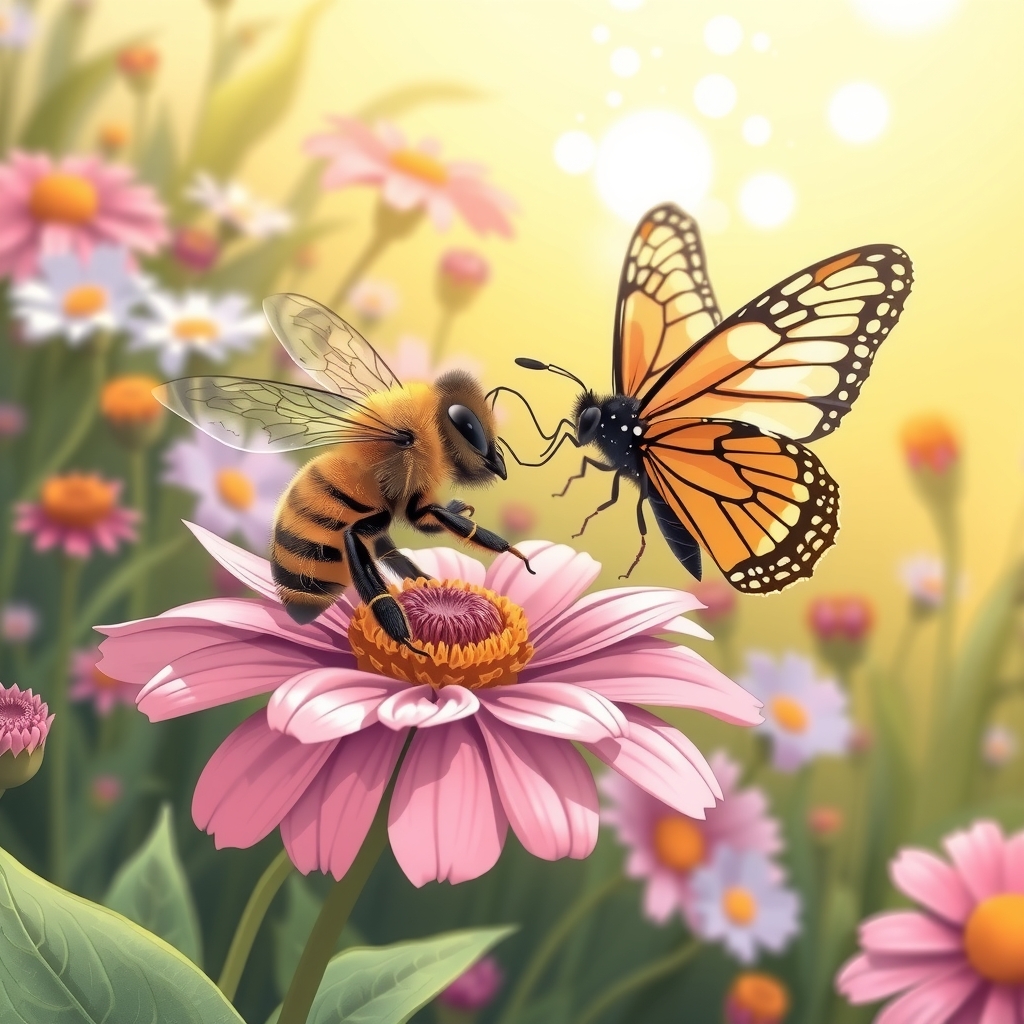 bees and butterflies feeding on flower nectar by Générateur d'images par IA gratuit - Aucune connexion nécessaire✨ | AIGAZOU