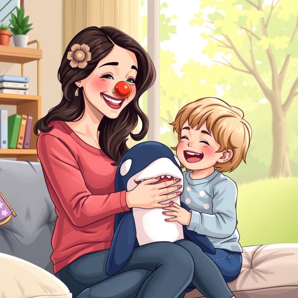 a mom and a kindergarten child laughing with a killer whale plushie by मुफ्त एआई छवि जनरेटर - बिना लॉगिन के✨ | AIGAZOU