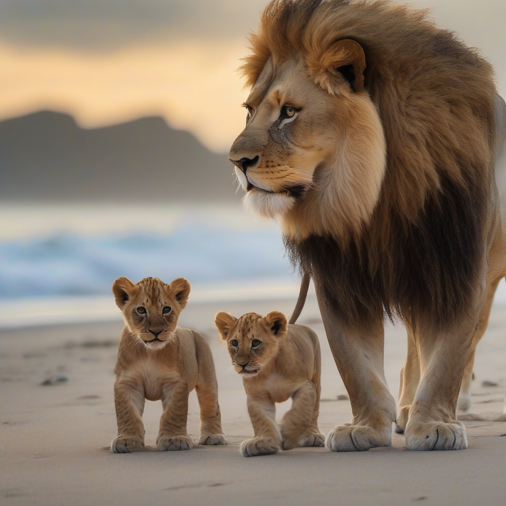 powerful lion on the beach with cubs and sea in the background by मुफ्त एआई छवि जनरेटर - बिना लॉगिन के✨ | AIGAZOU