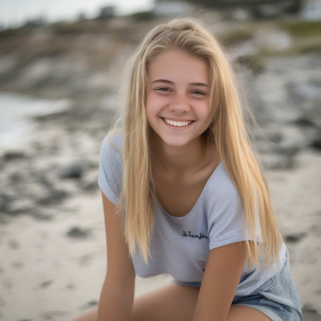 15 year old blonde girl smiling by the sea by मुफ्त एआई छवि जनरेटर - बिना लॉगिन के✨ | AIGAZOU