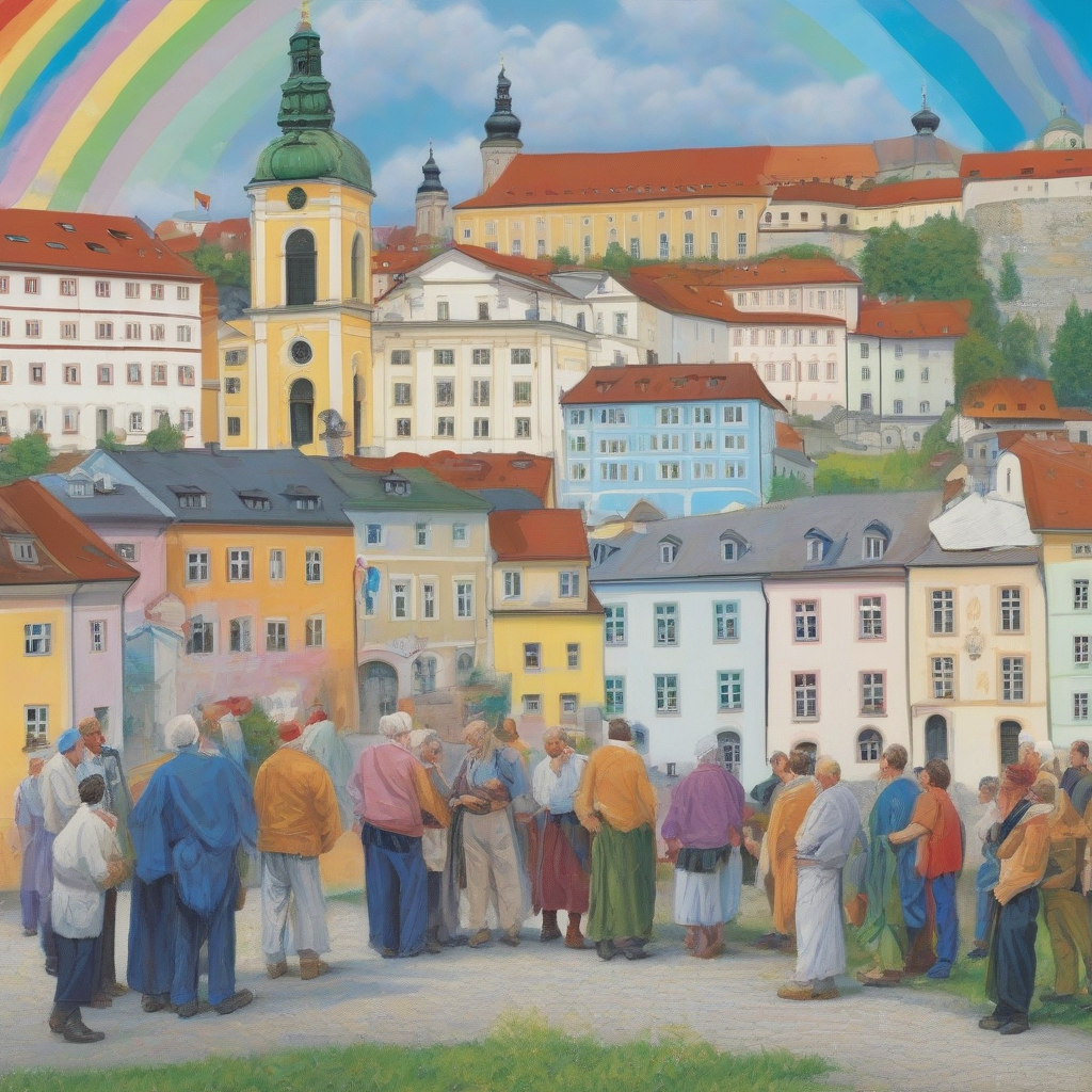 men in rainbow scarves and jewish caps groom their hair in front of the church by मुफ्त एआई छवि जनरेटर - बिना लॉगिन के✨ | AIGAZOU