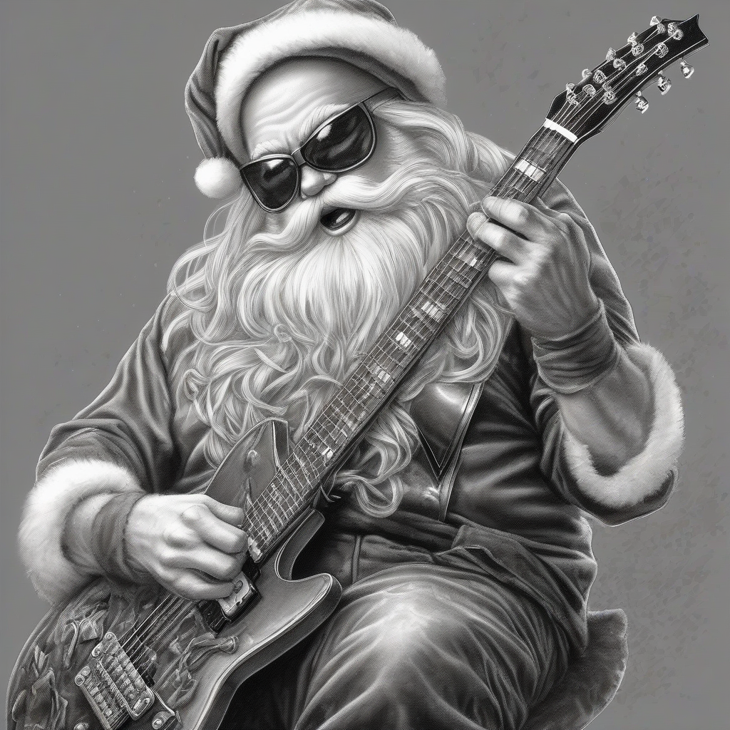 pencil illustration santa claus heavy metal guitar xmas dark kiss painting by मुफ्त एआई छवि जनरेटर - बिना लॉगिन के✨ | AIGAZOU