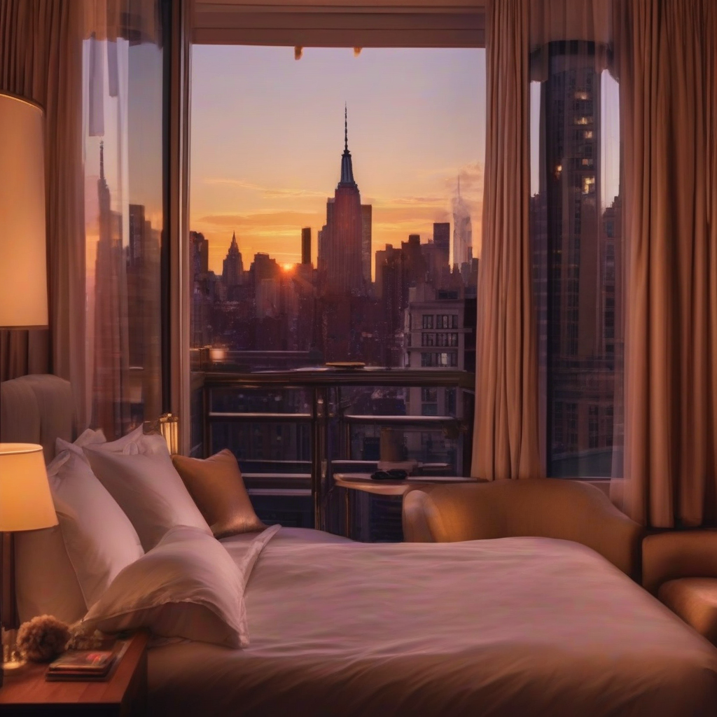 romantic hotel room view with sunset in new york by मुफ्त एआई छवि जनरेटर - बिना लॉगिन के✨ | AIGAZOU