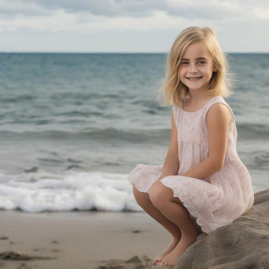 a blonde smiling girl at the sea reminiscent of emma watson by मुफ्त एआई छवि जनरेटर - बिना लॉगिन के✨ | AIGAZOU