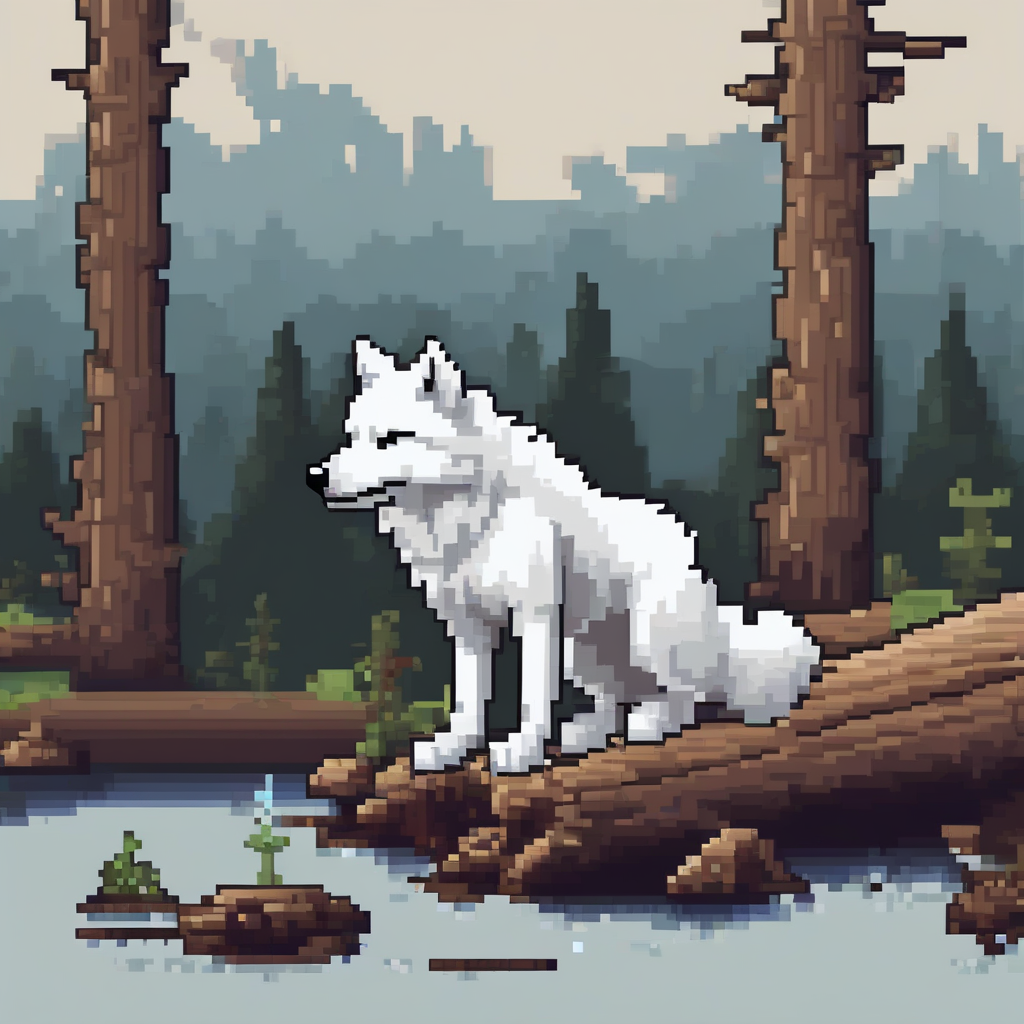 pixel art white wolf sitting on log with cat by मुफ्त एआई छवि जनरेटर - बिना लॉगिन के✨ | AIGAZOU