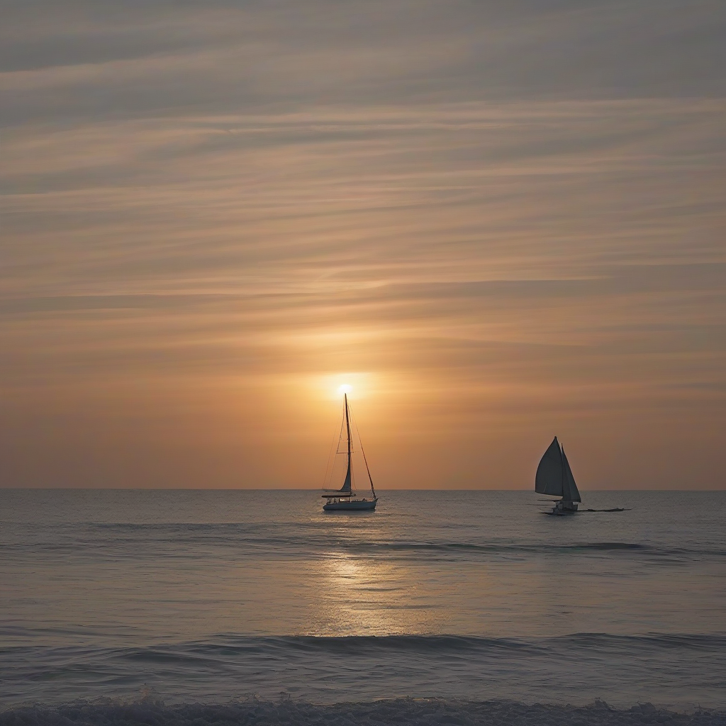 sunrise on sea sandy beach sailing boat small waves by मुफ्त एआई छवि जनरेटर - बिना लॉगिन के✨ | AIGAZOU