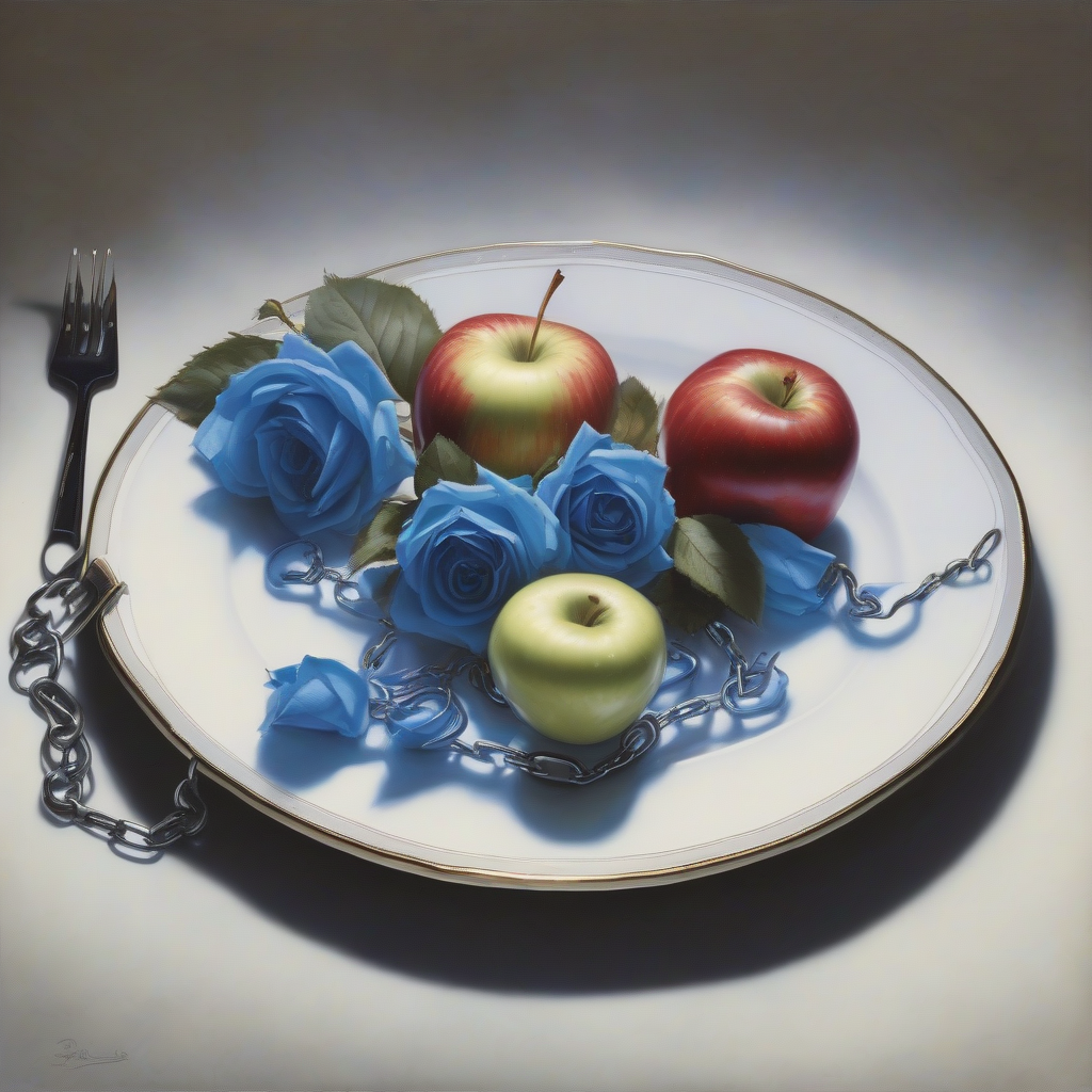 a white plate with an apple surrounded by blue roses by मुफ्त एआई छवि जनरेटर - बिना लॉगिन के✨ | AIGAZOU