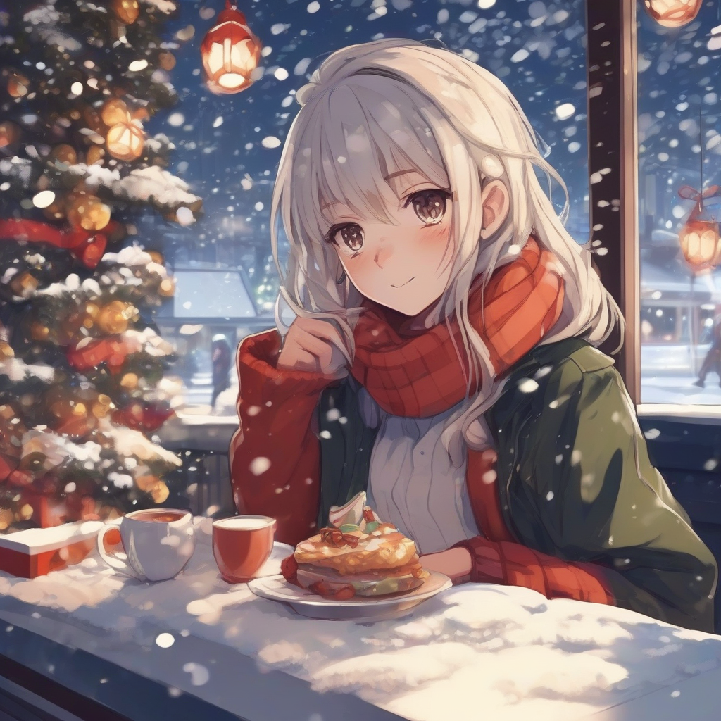 anime girl spending christmas day in snowy cafe by मुफ्त एआई छवि जनरेटर - बिना लॉगिन के✨ | AIGAZOU