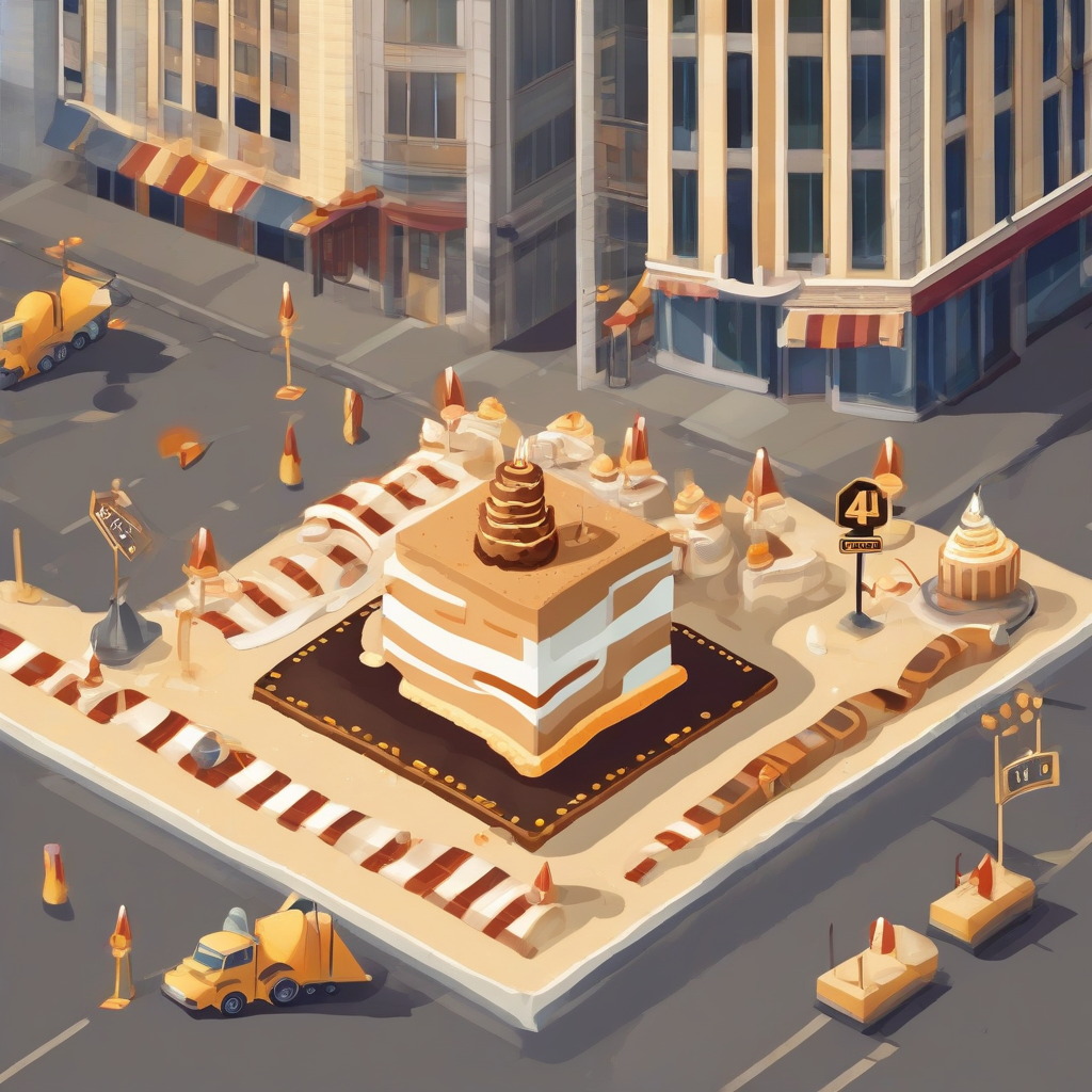 street construction site with pavement finisher and birthday cake for 42nd birthday art deco style by मुफ्त एआई छवि जनरेटर - बिना लॉगिन के✨ | AIGAZOU