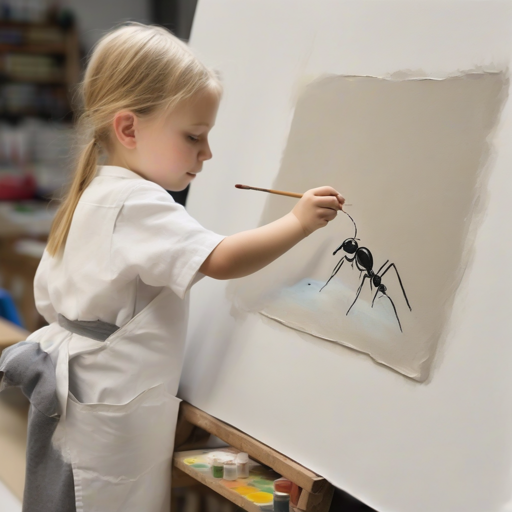 a 7 year old child in a paint stained apron paints a tiny ant by मुफ्त एआई छवि जनरेटर - बिना लॉगिन के✨ | AIGAZOU