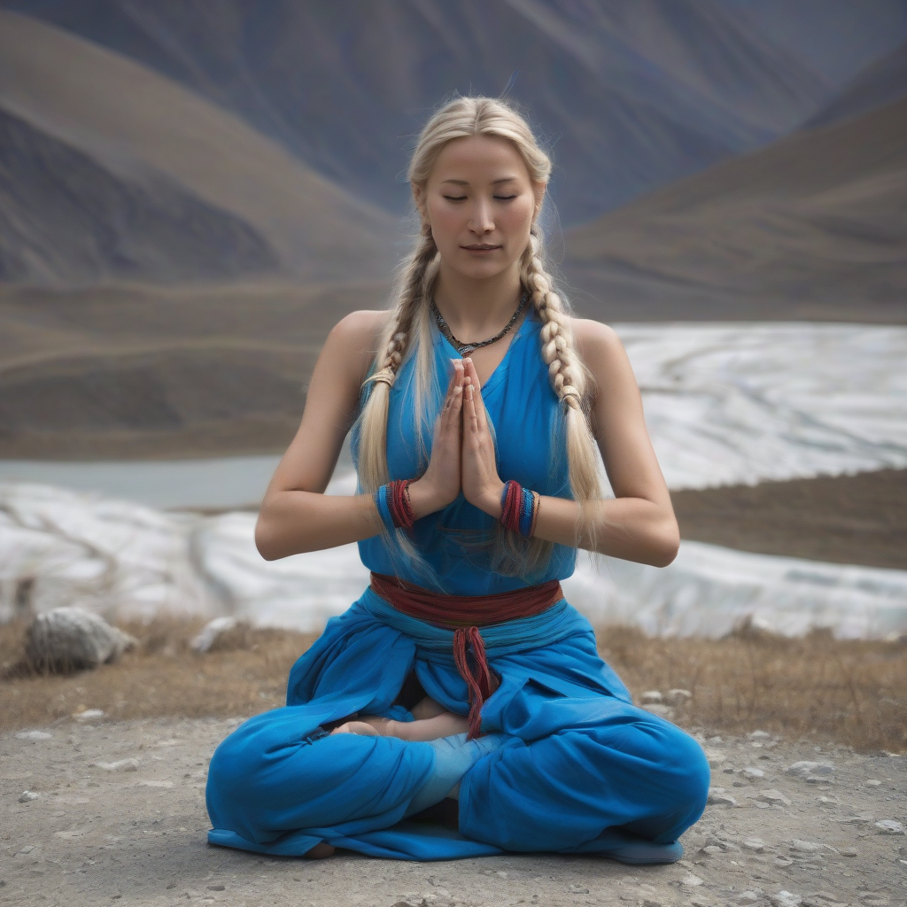 blonde yogini with long braid in blue clothes in tibet by मुफ्त एआई छवि जनरेटर - बिना लॉगिन के✨ | AIGAZOU