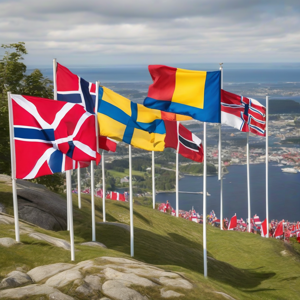 flags of norway sweden denmark on a hill by मुफ्त एआई छवि जनरेटर - बिना लॉगिन के✨ | AIGAZOU