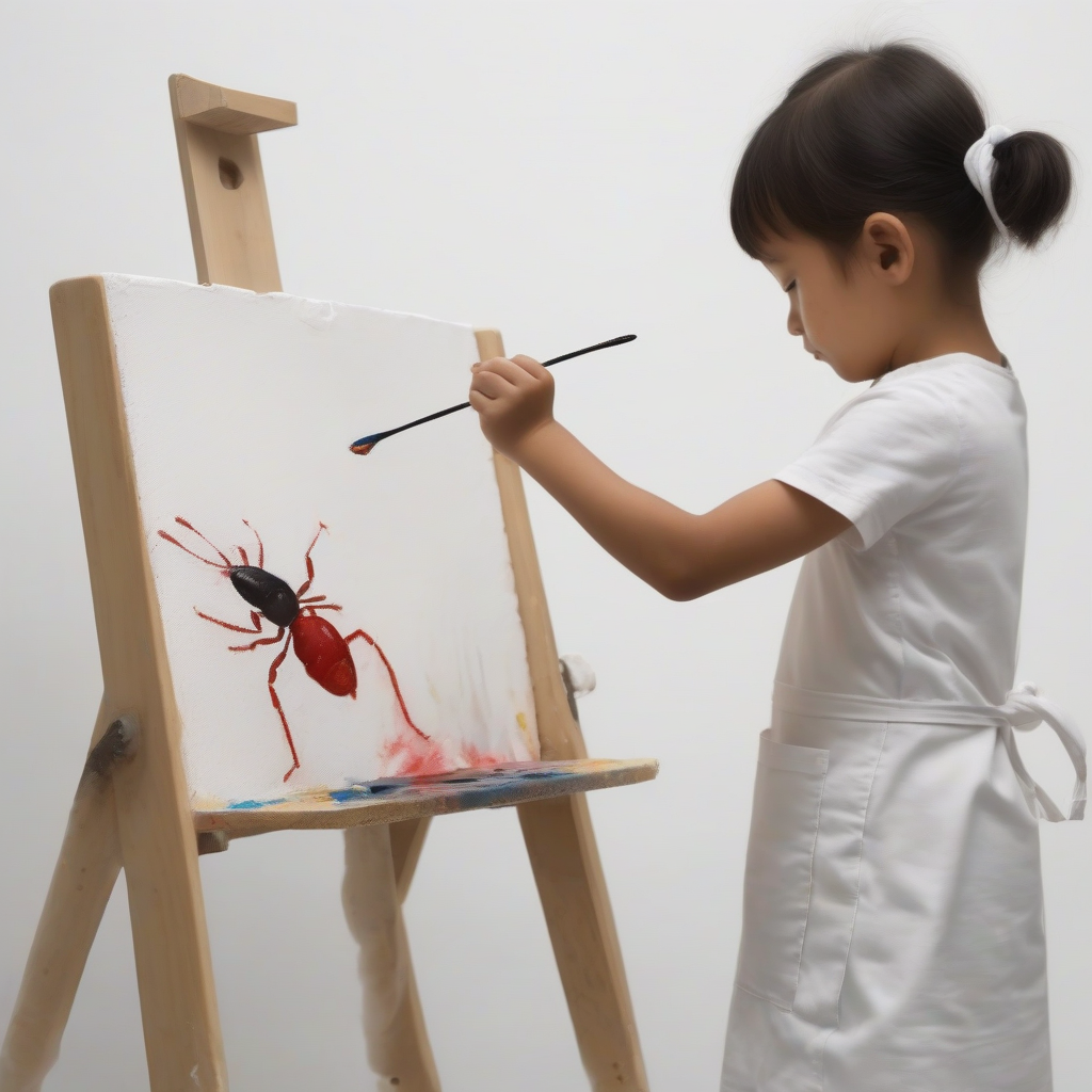 a 7 year old child wearing a paint stained apron painting a nearly invisible tiny ant on a completely white by मुफ्त एआई छवि जनरेटर - बिना लॉगिन के✨ | AIGAZOU