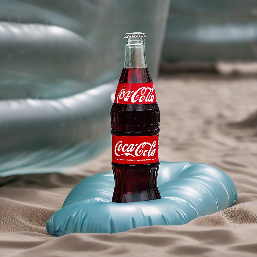 a glass bottle of cola landing on an inflatable mat by Free AI Image Generator & Maker - No login required✨ | AIGAZOU