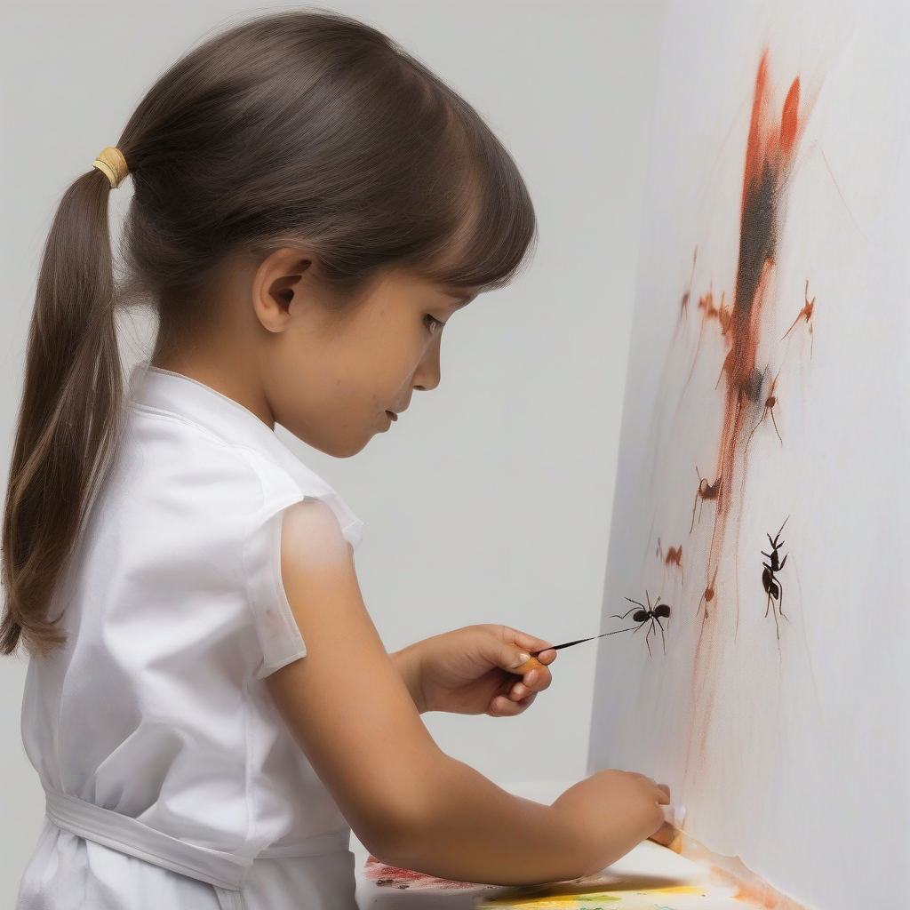 a 7 year old child wearing a paint stained apron painting a nearly invisible tiny ant on a completely white by मुफ्त एआई छवि जनरेटर - बिना लॉगिन के✨ | AIGAZOU