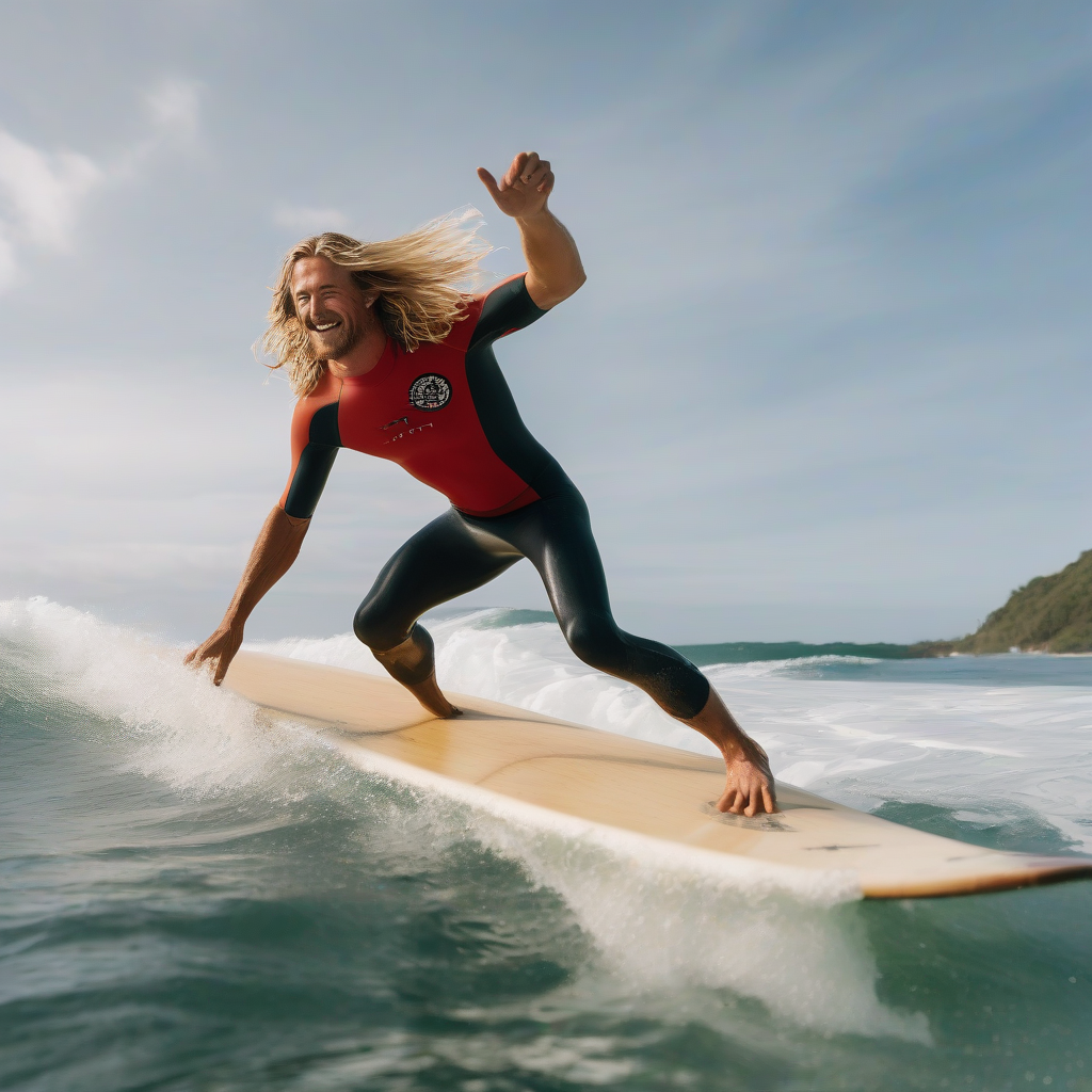 long haired blonde surfer in neoprene shirt and swim trunks surfing on a beautiful wooden surfboard in a paradise ocean by Générateur d'images par IA gratuit - Aucune connexion nécessaire✨ | AIGAZOU