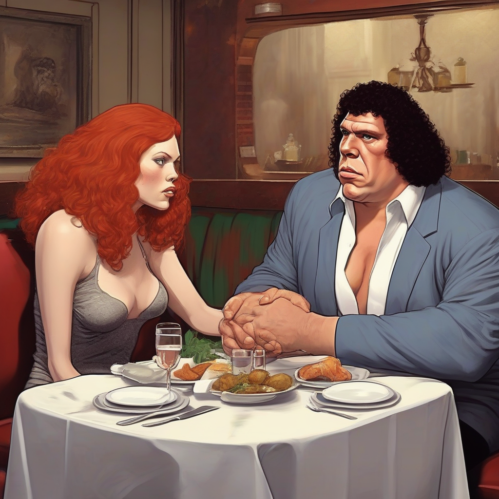 andre the giant romantic dinner with beautiful redhead by मुफ्त एआई छवि जनरेटर - बिना लॉगिन के✨ | AIGAZOU