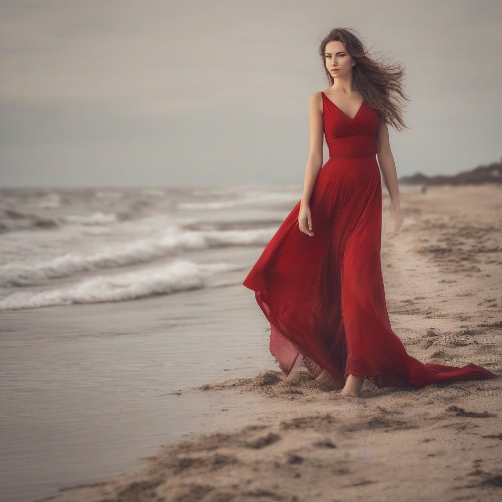 elegant woman in red dress on beach by मुफ्त एआई छवि जनरेटर - बिना लॉगिन के✨ | AIGAZOU