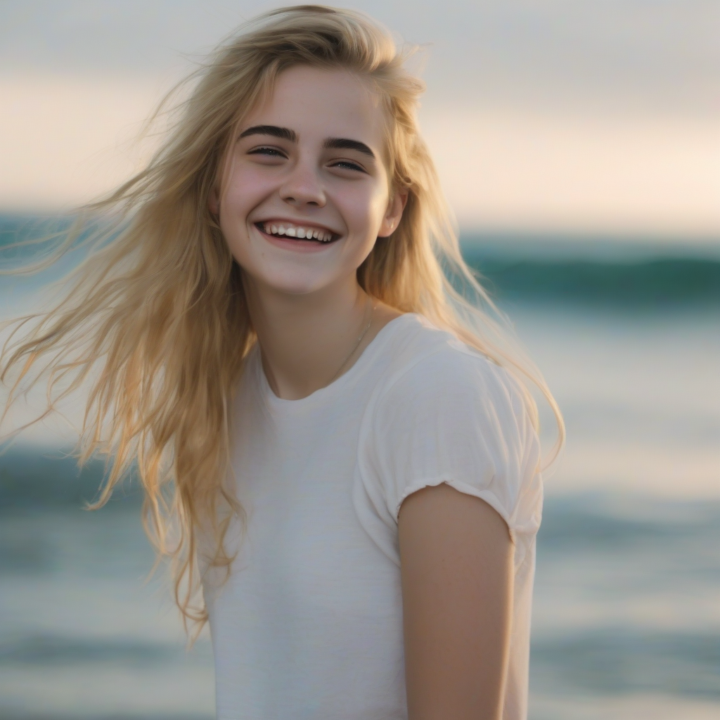 16 year old blonde girl smiling by the sea by मुफ्त एआई छवि जनरेटर - बिना लॉगिन के✨ | AIGAZOU