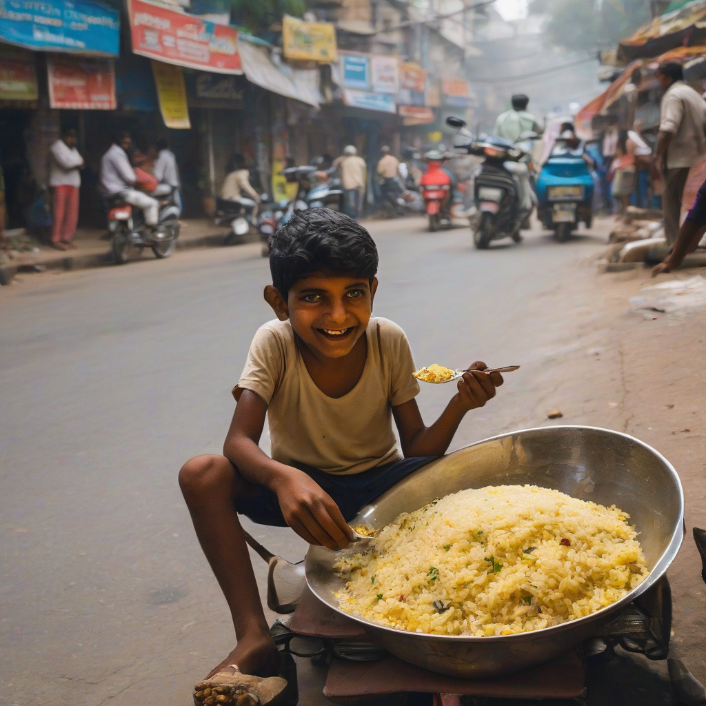 an indian boy eating poha on a busy street by मुफ्त एआई छवि जनरेटर - बिना लॉगिन के✨ | AIGAZOU