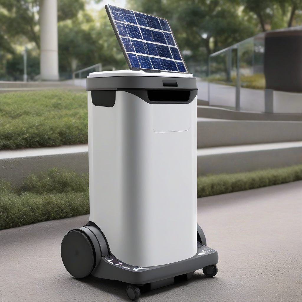 mobile trash can solar panel on top robotic vacuum like bottom by मुफ्त एआई छवि जनरेटर - बिना लॉगिन के✨ | AIGAZOU