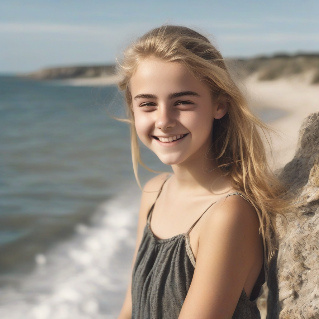 14 year old blonde girl smiling at the sea by मुफ्त एआई छवि जनरेटर - बिना लॉगिन के✨ | AIGAZOU