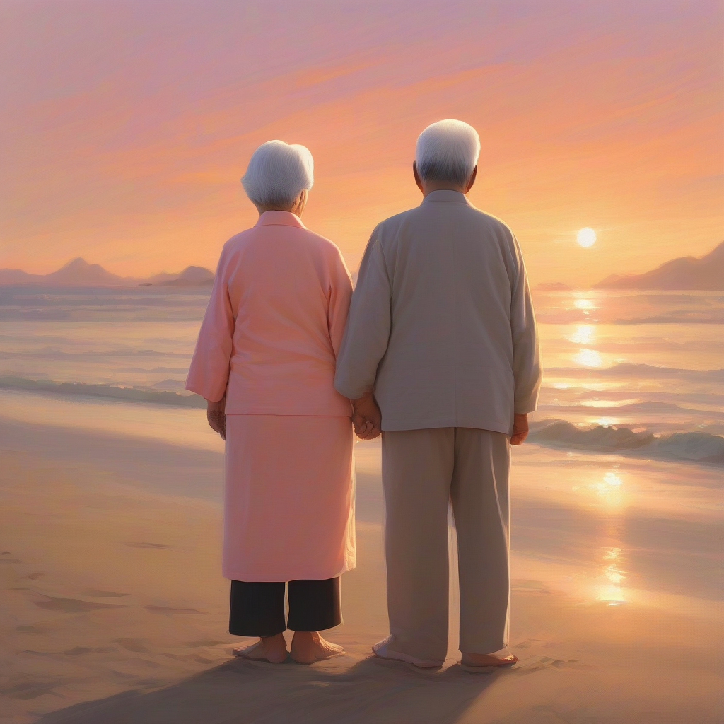 an elderly asian couple stands by the sea at sunset by मुफ्त एआई छवि जनरेटर - बिना लॉगिन के✨ | AIGAZOU