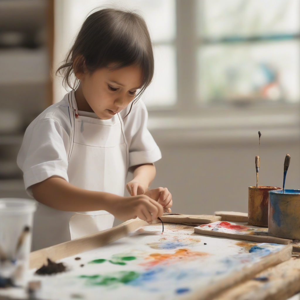 a 7 year old child wearing a paint stained apron paints a tiny ant by أداة مجانية لإنشاء الصور بالذكاء الاصطناعي - إنشاء الصور بدون تسجيل الدخول | AIGAZOU