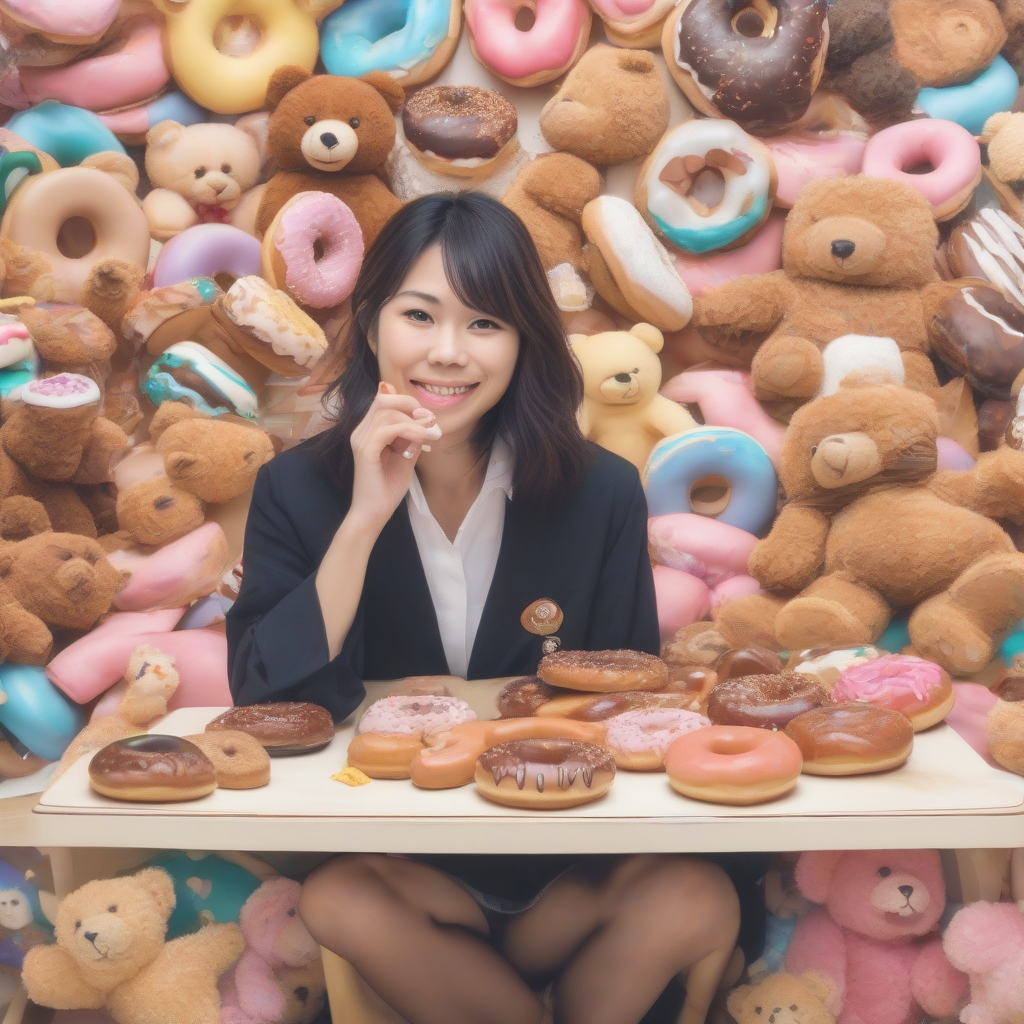 japanese woman in her 30s loves doughnuts and teddy bears by मुफ्त एआई छवि जनरेटर - बिना लॉगिन के✨ | AIGAZOU