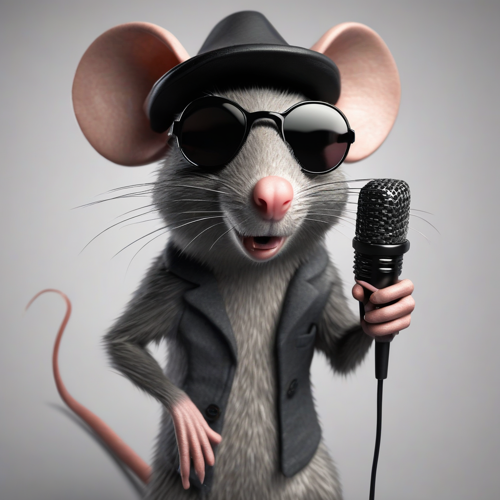 rat with dark glasses and hat singing in stand microphone 3d by मुफ्त एआई छवि जनरेटर - बिना लॉगिन के✨ | AIGAZOU