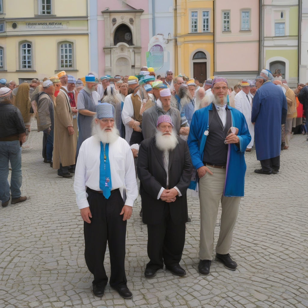 passau men church judaism islam rainbow headscarves white blue checkered kippa groom scalps by मुफ्त एआई छवि जनरेटर - बिना लॉगिन के✨ | AIGAZOU