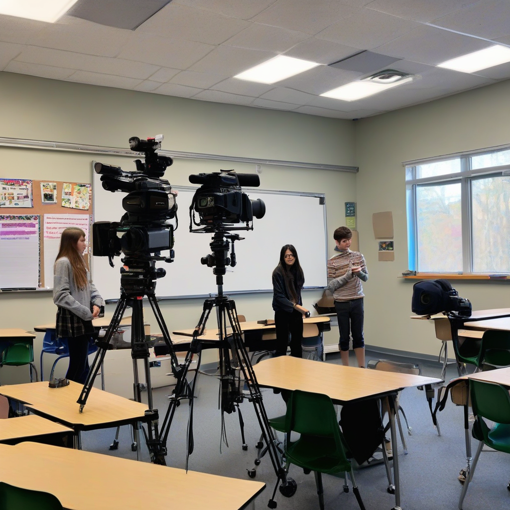 a group of 6 students set up a classroom filming location by मुफ्त एआई छवि जनरेटर - बिना लॉगिन के✨ | AIGAZOU