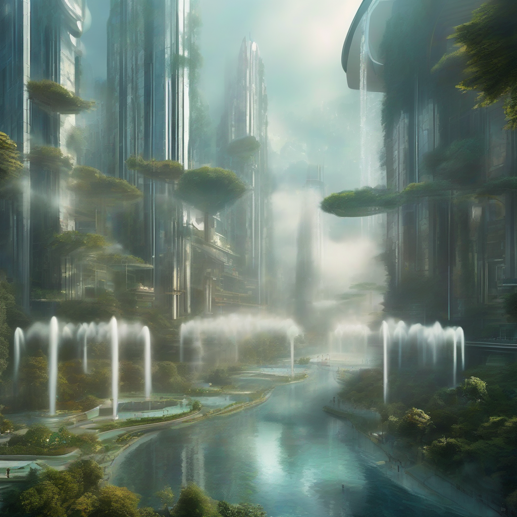 high tech fountains monet lush forest foggy future city by मुफ्त एआई छवि जनरेटर - बिना लॉगिन के✨ | AIGAZOU