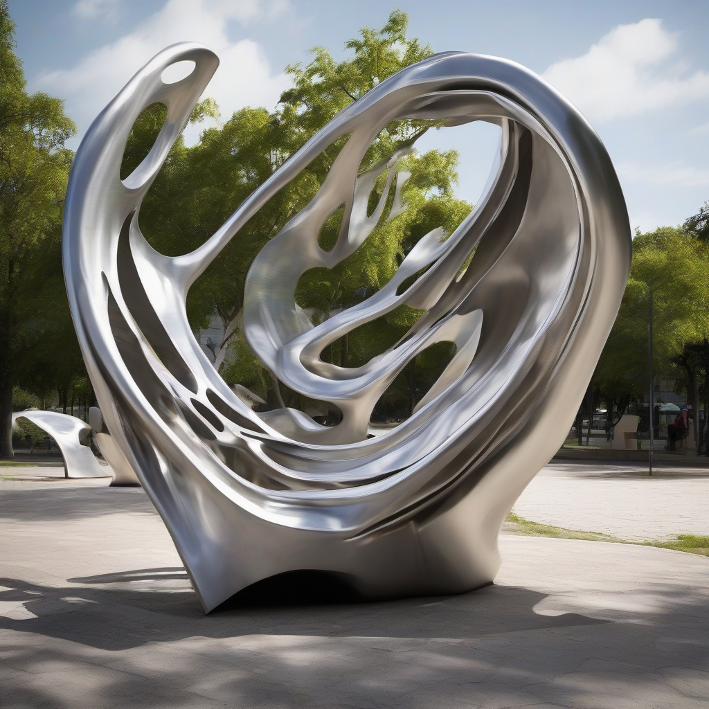 a public art piece in a park is a seating bench made of stainless steel with an organic flowing form by मुफ्त एआई छवि जनरेटर - बिना लॉगिन के✨ | AIGAZOU