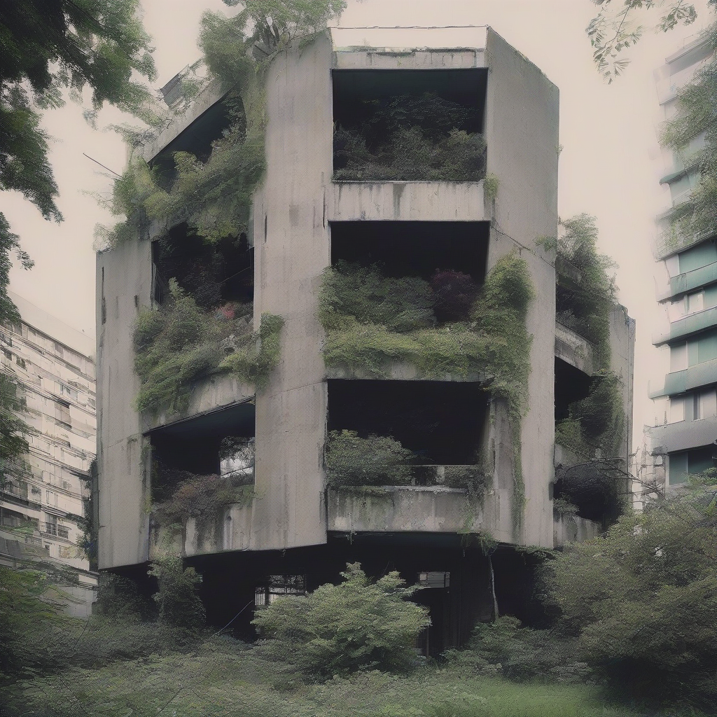 a strong structure with lots of plants in a quiet dark urban cultural facility by मुफ्त एआई छवि जनरेटर - बिना लॉगिन के✨ | AIGAZOU