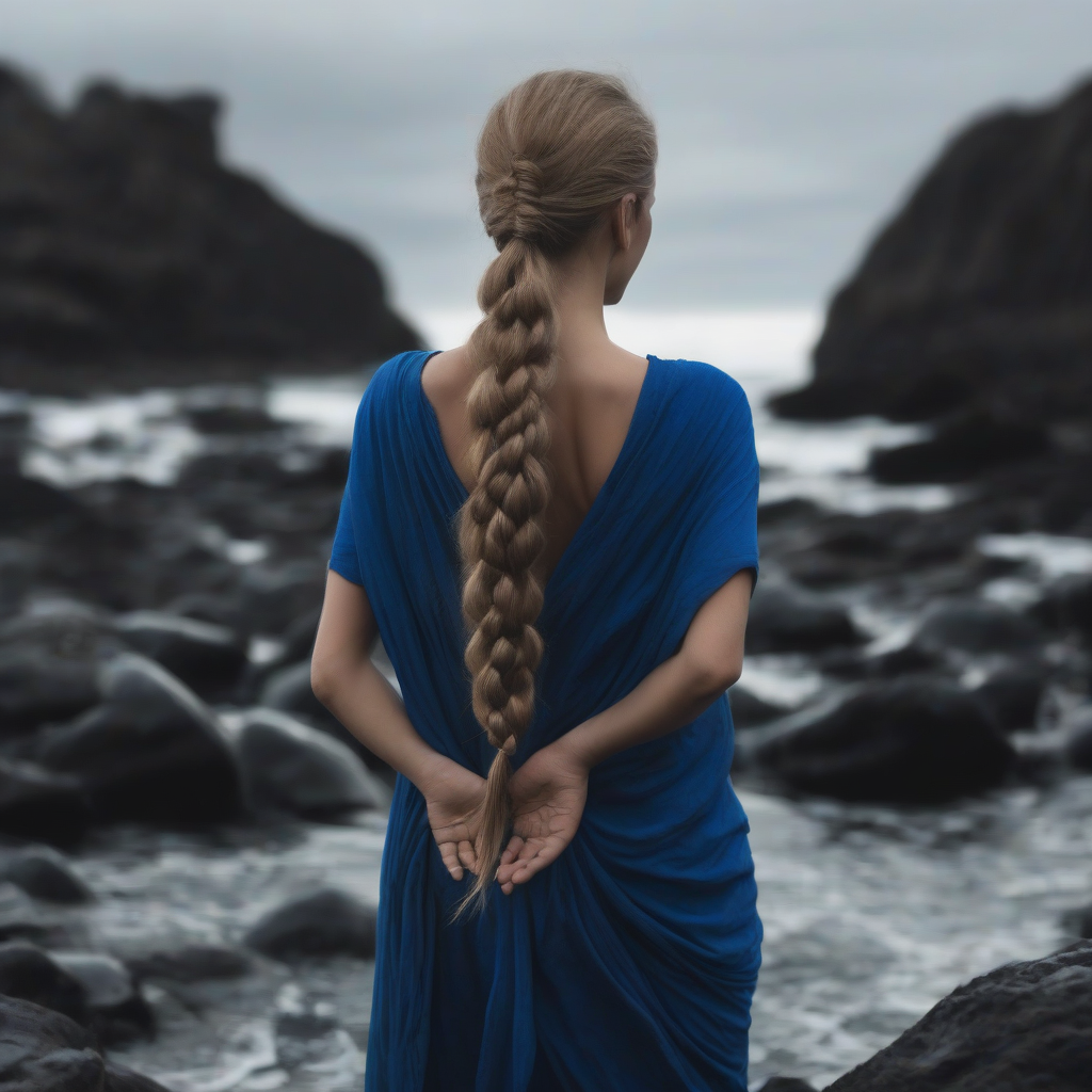 dark blonde yogini with long braid in blue outfit on black rock beach by Générateur d'images par IA gratuit - Aucune connexion nécessaire✨ | AIGAZOU