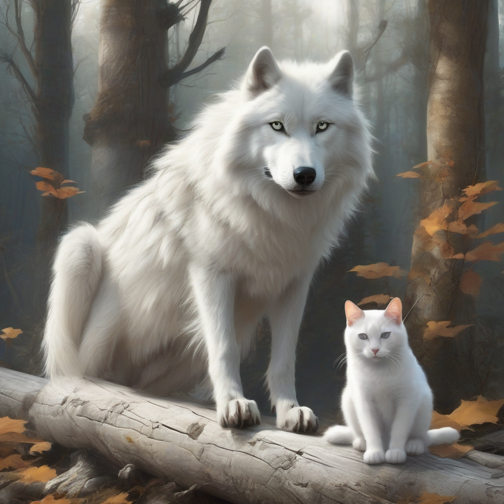 a white wolf sitting on a log with a cat by मुफ्त एआई छवि जनरेटर - बिना लॉगिन के✨ | AIGAZOU