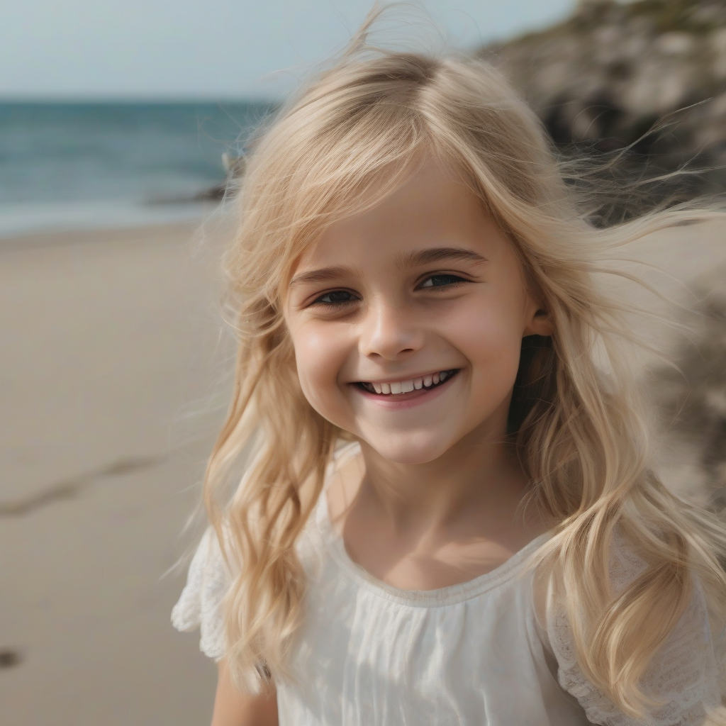 a six year old blonde girl smiling by the sea reminiscent of emma watson by मुफ्त एआई छवि जनरेटर - बिना लॉगिन के✨ | AIGAZOU