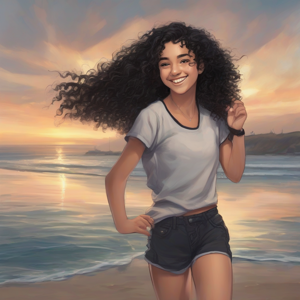 15 year old girl black curls long ponytail smiling by the sea shorts and top by मुफ्त एआई छवि जनरेटर - बिना लॉगिन के✨ | AIGAZOU