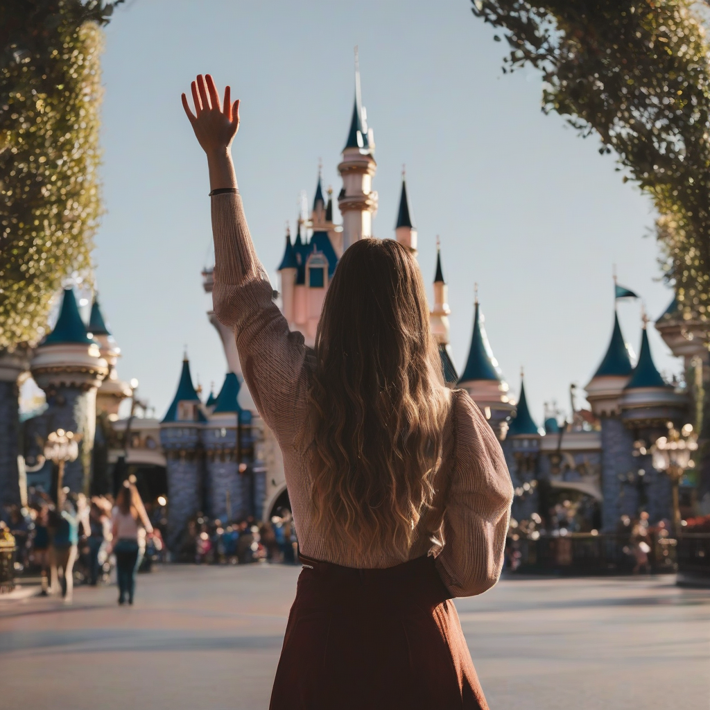 a woman waving at disneyland by मुफ्त एआई छवि जनरेटर - बिना लॉगिन के✨ | AIGAZOU