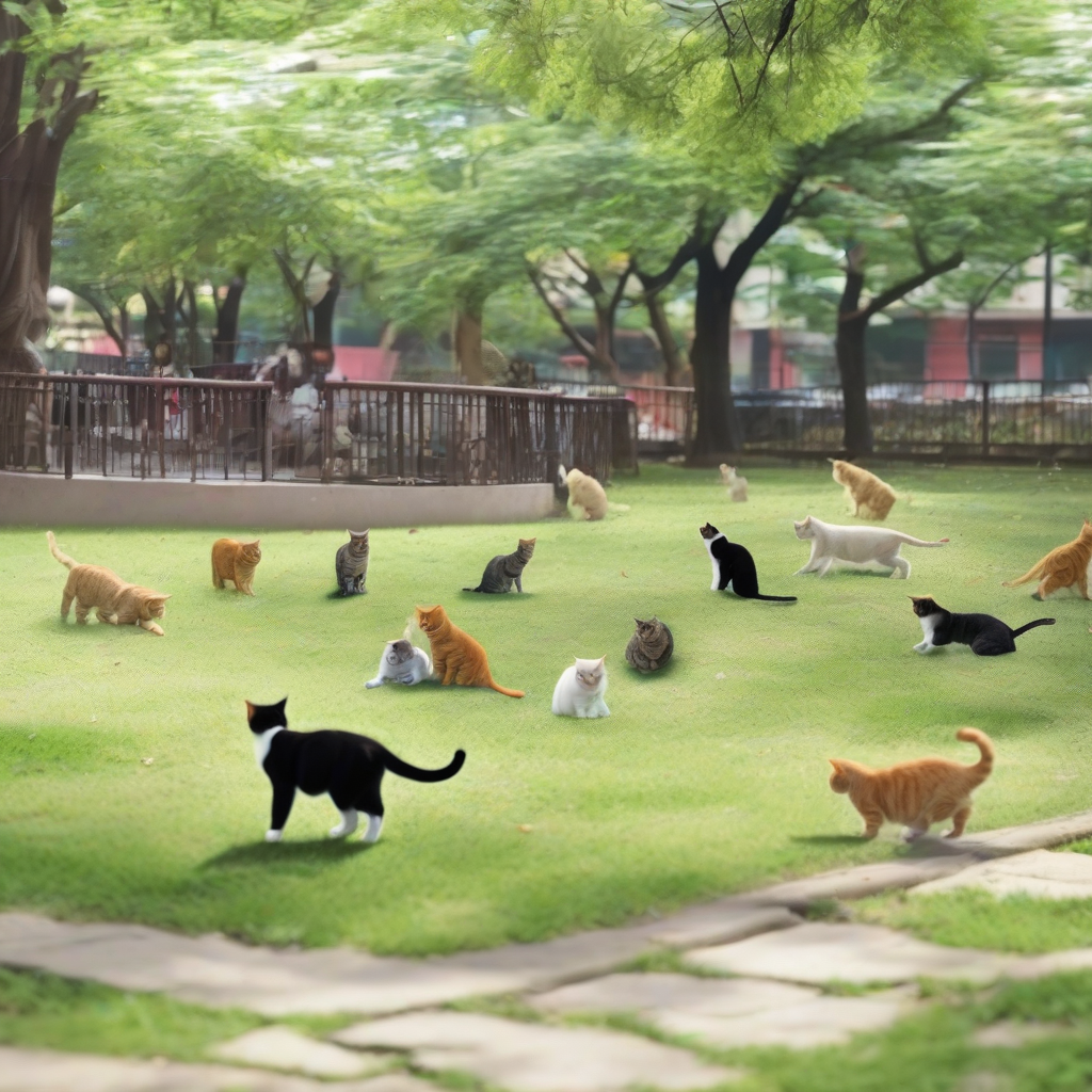 many cats playing on the grass in the park by मुफ्त एआई छवि जनरेटर - बिना लॉगिन के✨ | AIGAZOU