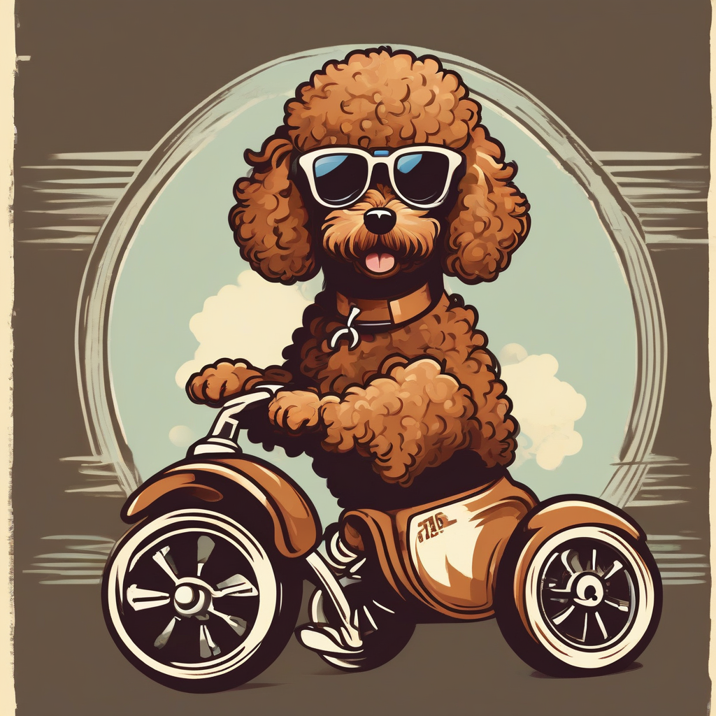 stylish sunglasses brown toy poodle driving tricycle by मुफ्त एआई छवि जनरेटर - बिना लॉगिन के✨ | AIGAZOU