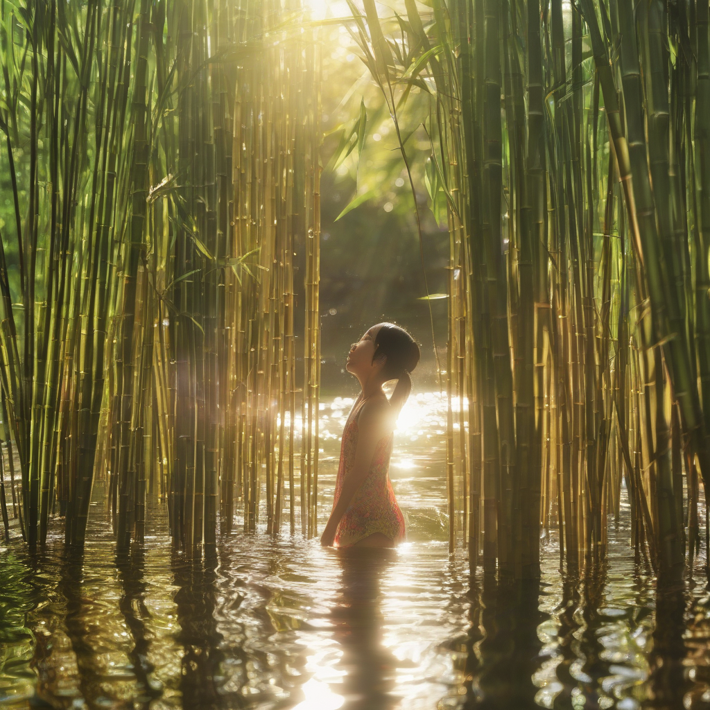 water bamboo girl sunlight by मुफ्त एआई छवि जनरेटर - बिना लॉगिन के✨ | AIGAZOU