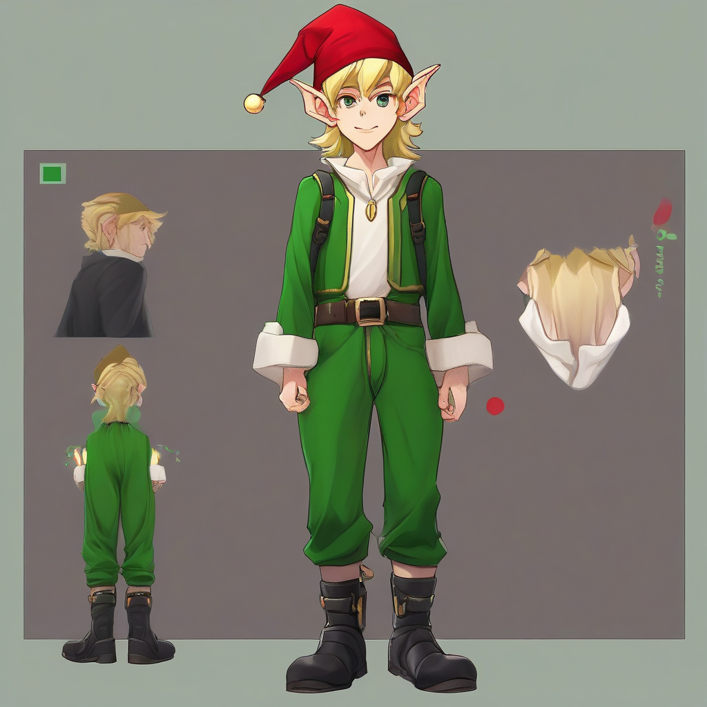 young man green overalls red cap black boots blonde hair medium height elf ears no beard by मुफ्त एआई छवि जनरेटर - बिना लॉगिन के✨ | AIGAZOU