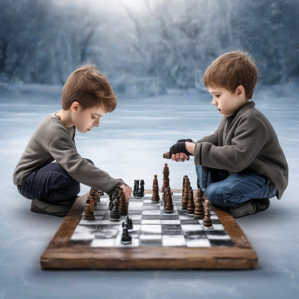 kids play chess on ice by Générateur d'images par IA gratuit - Aucune connexion nécessaire✨ | AIGAZOU