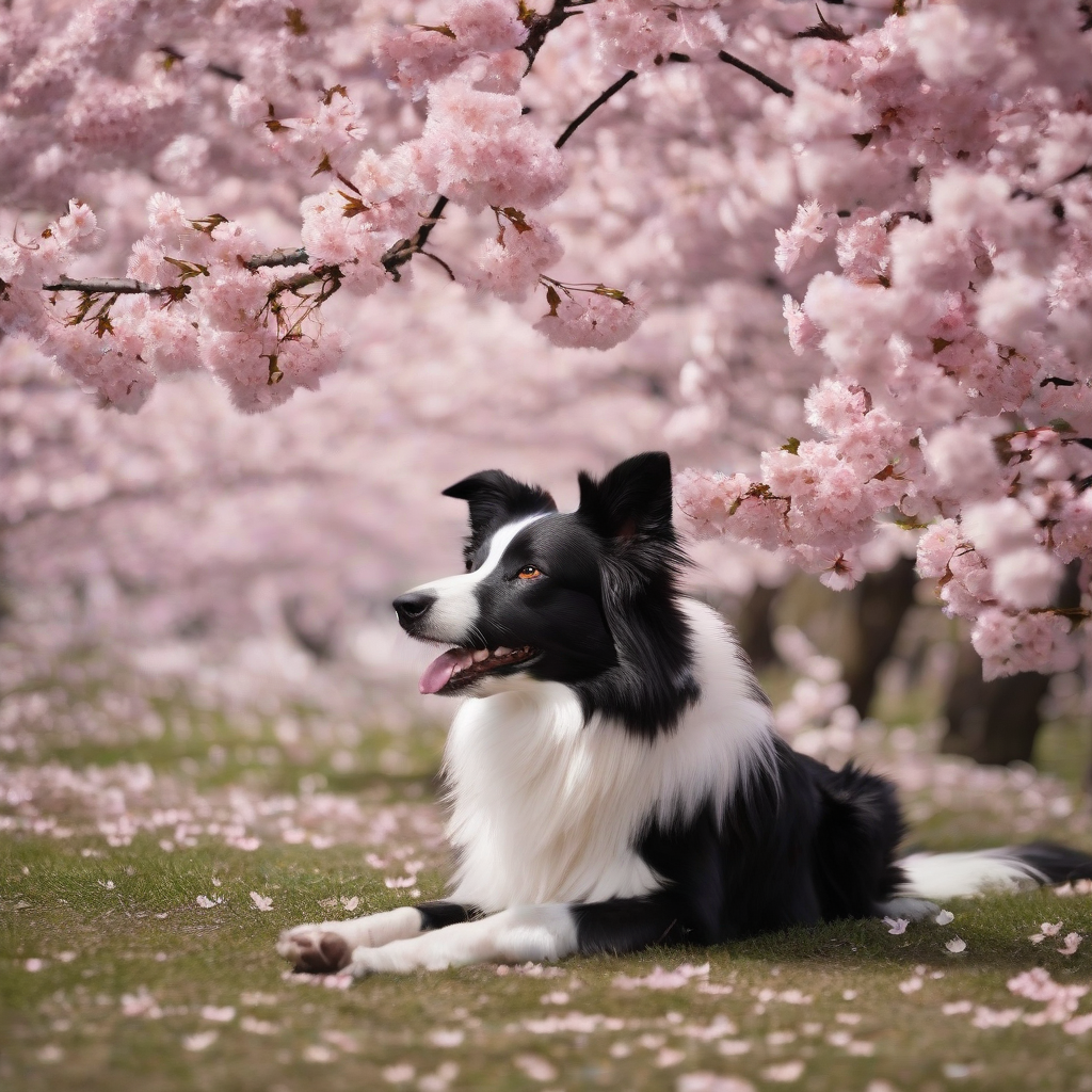 a border collie enjoying cherry blossoms by मुफ्त एआई छवि जनरेटर - बिना लॉगिन के✨ | AIGAZOU