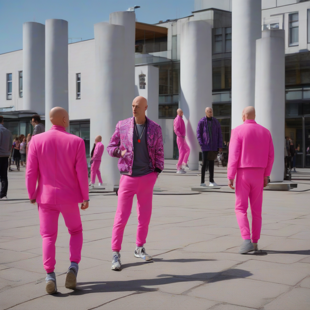 man with bald head and pink tracksuit walking by मुफ्त एआई छवि जनरेटर - बिना लॉगिन के✨ | AIGAZOU