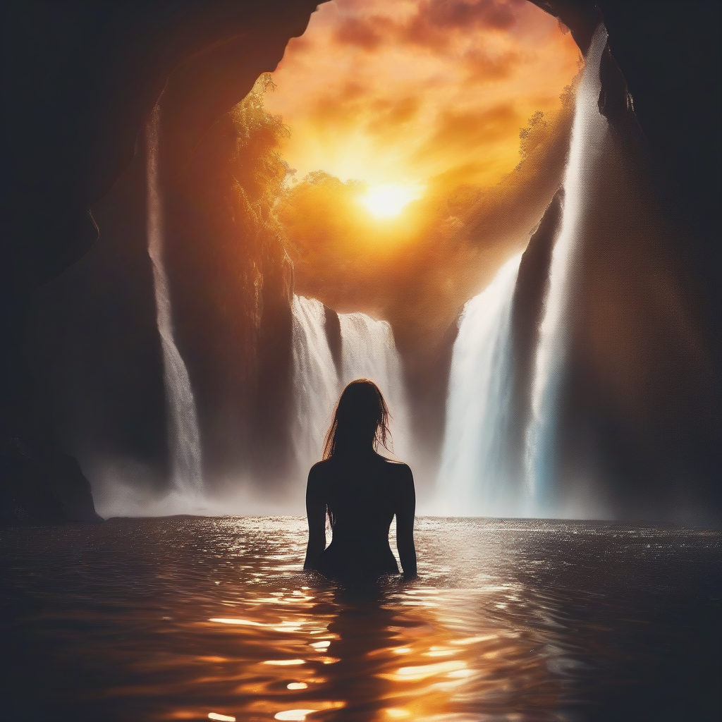 beautiful bay sunset silhouette woman waterfall by मुफ्त एआई छवि जनरेटर - बिना लॉगिन के✨ | AIGAZOU