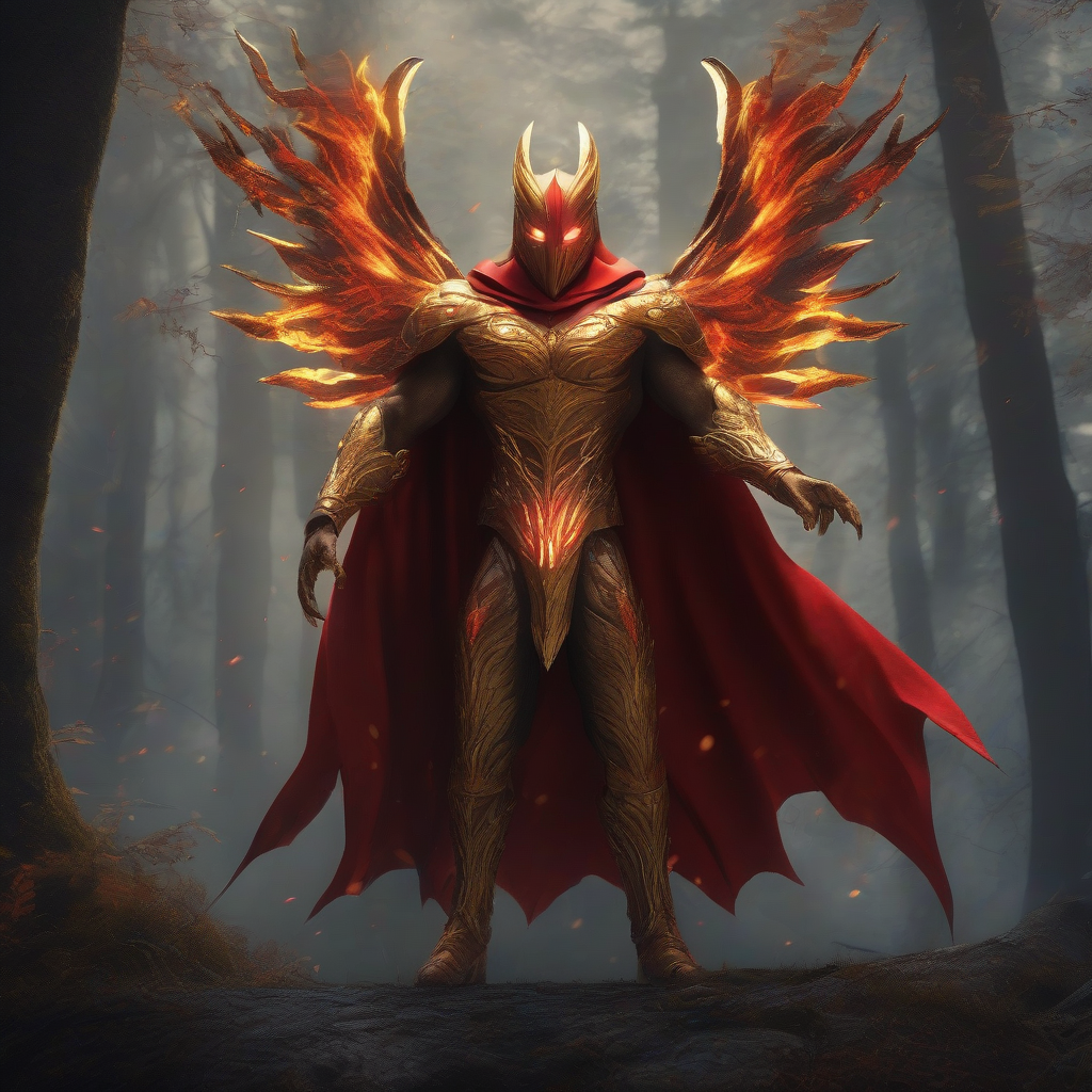 create a superhero with fire wings a golden mask a red cape standing before a dark forest very muscular protecting by Générateur d'images par IA gratuit - Aucune connexion nécessaire✨ | AIGAZOU